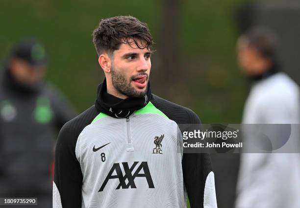 Dominik Szoboszlai of Liverpool during a training session at AXA Training Centre on November 23, 2023 in Kirkby, England.