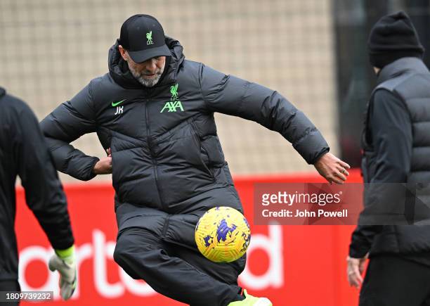 Jurgen Klopp manager of Liverpool during a training session at AXA Training Centre on November 23, 2023 in Kirkby, England.