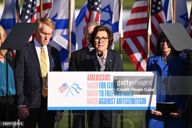 Senator Jacky Rosen speaks during 'March For Israel' at the National Mall on November 14, 2023 in Washington, DC. The large pro-Israel gathering...