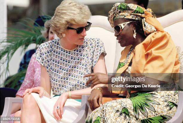 Diana , Princess of Wales, and Maryam Babangida, the wife of former Nigerian president General Ibrahim Badamasi Babangida, attend the Rural Women's...