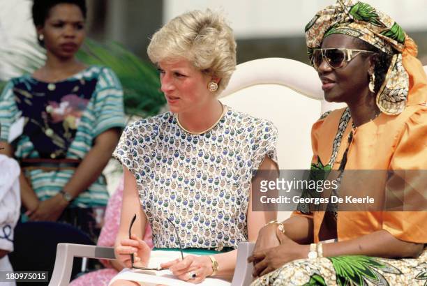 Diana , Princess of Wales, and Maryam Babangida, the wife of former Nigerian president General Ibrahim Badamasi Babangida, attend the Rural Women's...
