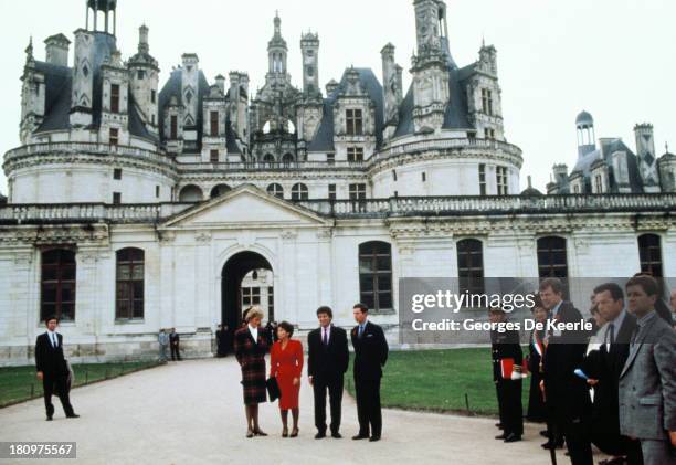 Charles and Diana , Prince and Princess of Wales, pose outside Chateau de Chambord during their official visit to France on November 9, 1988 in...