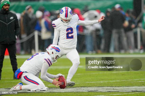 Buffalo Bills place kicker Tyler Bass warms up during the game between the Buffalo Bills and the Philadelphia Eagles on November 26, 2023 at Lincoln...