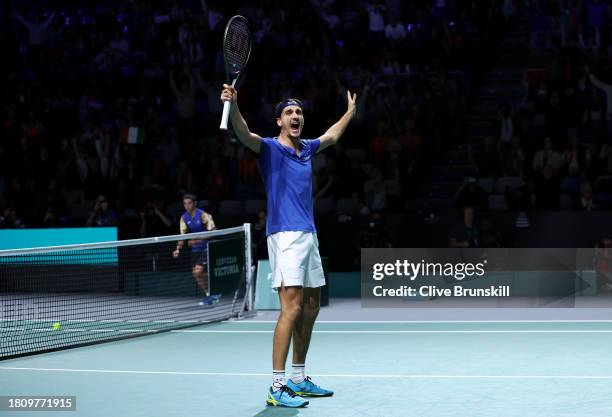 Lorenzo Sonego of Italy celebrates winning match point during the Quarter-Final doubles match against Tallon Griekspoor and Wesley Koolhof of the...