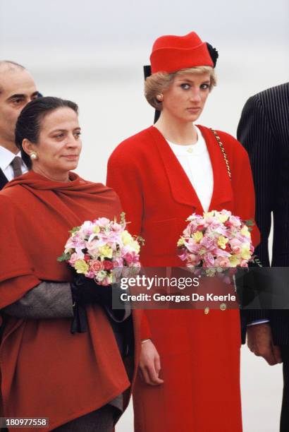 Diana , Princess of Wales, arrives at the Orly airport during her official visit to France on November 7, 1988 in Paris, France. The princess wears a...