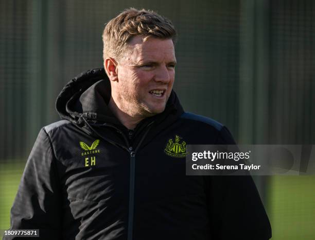 Newcastle United Head Coach Eddie Howe during the Newcastle United Training Session at the Newcastle United Training Centre on November 23, 2023 in...