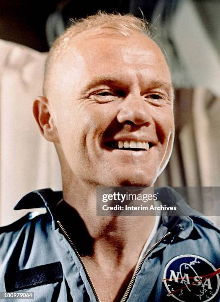 Close-up of American astronaut John Glenn as he smiles while aboard the USS Randolph, after the completion of his Friendship 7 mission to orbit the...