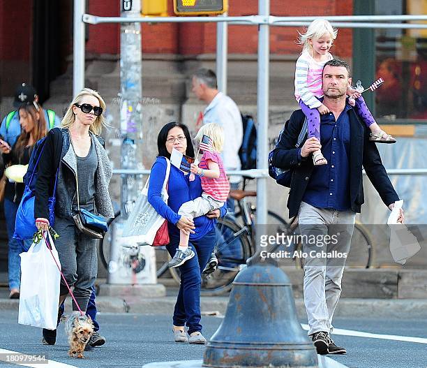 Liev Schreiber, Naomi Watts, Alexander Pete Schreiber and Samuel Kai Schreiber are seen in Soho on September 18, 2013 in New York City.
