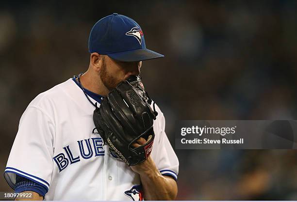 Toronto Blue Jays relief pitcher Steve Delabar leaves the game after the Yankess took the lead as the Toronto Blue Jays lose to the New York Yankees...