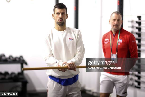 Novak Djokovic of Serbia warms up prior to the Quarter-Final match against Great Britain in the Davis Cup Final at Palacio de Deportes Jose Maria...
