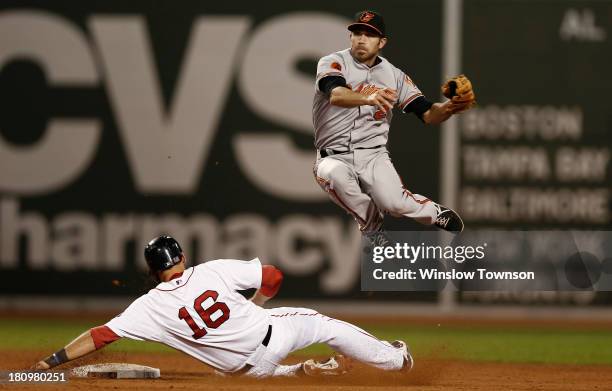 Hardy of the Baltimore Orioles leaps over sliding Will Middlebrooks of the Boston Red Sox to turn a double play during the eleventh inning of the...