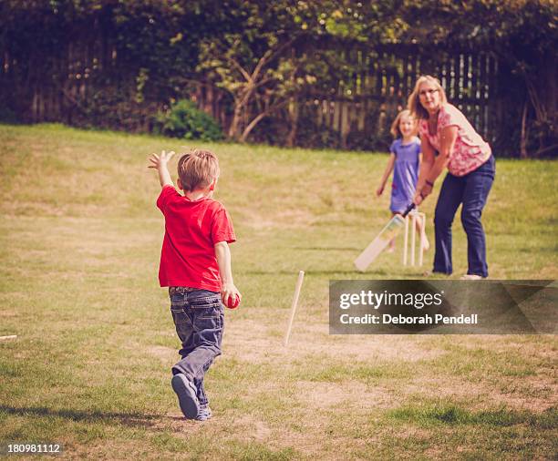 children and grandparent playing cricket - fence wicket stock pictures, royalty-free photos & images