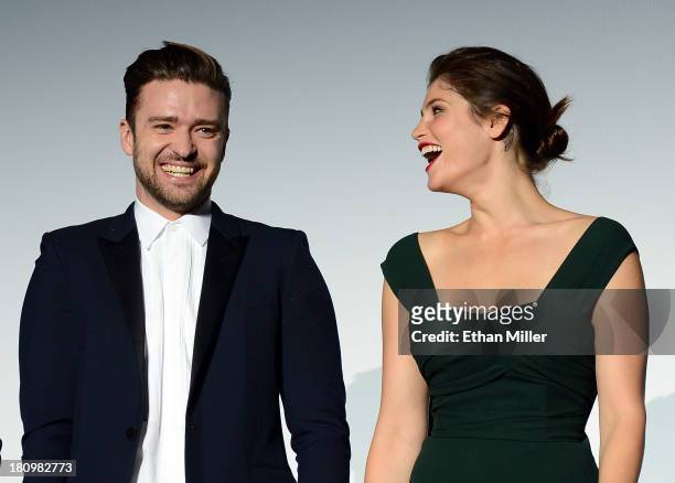 Singer/actor Justin Timberlake and actress Gemma Arterton laugh as they introduce the world premiere of Twentieth Century Fox and New Regency's film...
