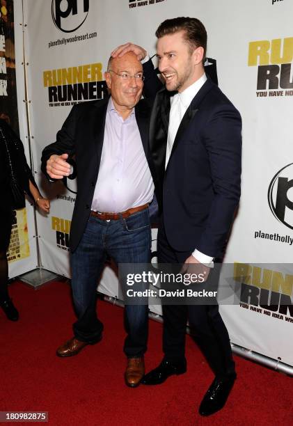 Regency Chairman Arnon Milchan and singer/actor Justin Timberlake arrive at the world premiere of Twentieth Century Fox and New Regency's film...