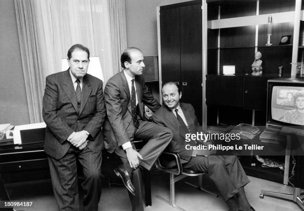 Charles Pasqua, Alain Juppe, Jacques Toubon at the time of elections, the RPR in 1986, France; Charles Pasqua, Alain Juppe, Jacques Toubon aux moment...