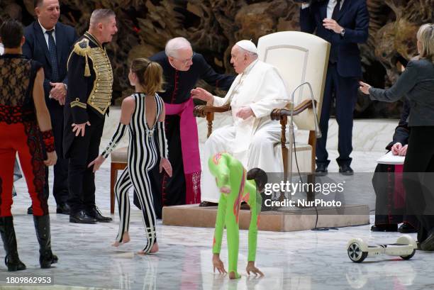 Participants at the Italian Circus Festival are performing in front of Pope Francis during the weekly general audience at the Vatican, on November...