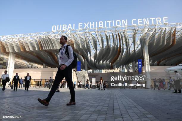 The Blue Zone entrance at the Dubai Exhibition Center ahead of the COP28 climate conference at Expo City in Dubai, United Arab Emirates, on...
