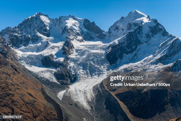 scenic view of snowcapped mountains against clear blue sky - piz bernina stock pictures, royalty-free photos & images