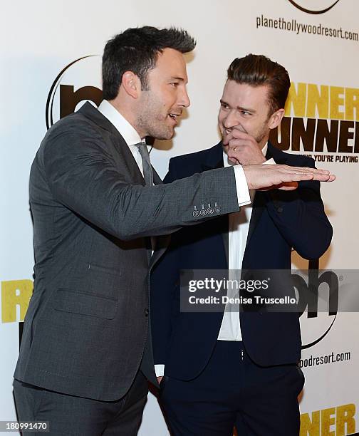 Ben Affleck and Justin Timberlake arrive at the world premiere of Runner Runner at Planet Hollywood Resort & Casino on September 18, 2013 in Las...