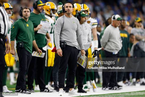 Head coach Matt LaFleur of the Green Bay Packers looks on during the first quarter of the game against the Detroit Lions at Ford Field on November...