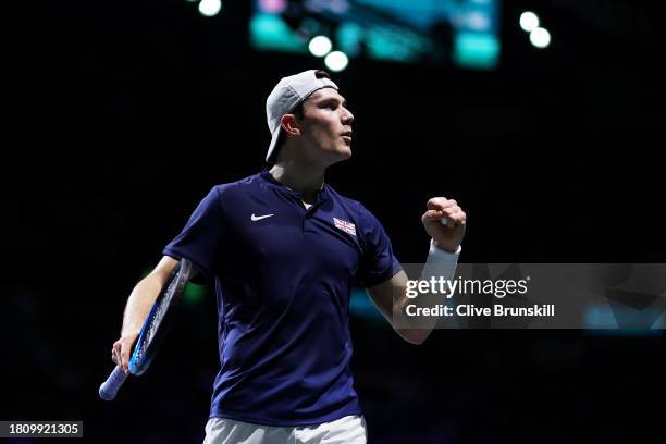 Jack Draper of Great Britain celebrates a point during the Quarter-Final match against Miomir Kecmanovic of Serbia in the Davis Cup Final at Palacio...