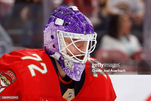 Goaltender Sergei Bobrovsky of the Florida Panthers prepares for second period action against the Boston Bruins at the Amerant Bank Arena on November...