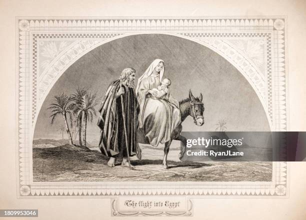 ilustración antigua de maría y josé huyendo a egipto con jesús - jesus riding on a donkey fotografías e imágenes de stock