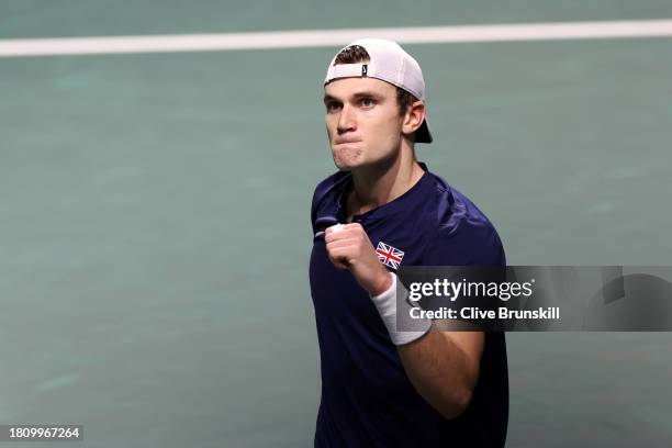 Jack Draper of Great Britain celebrates a point during the Quarter-Final match against Miomir Kecmanovic of Serbia in the Davis Cup Final at Palacio...