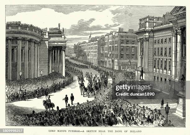 vintage illustration lord mayo's funeral, sketch near the bank of ireland, dublin, 1870s 19th century - funeral stock illustrations