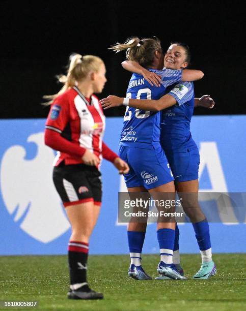 Durham player Amy Andrews is congratulated by team mate Saoirse Noonan after scoring the first Durham goal during the FA Women's Continental Tyres...