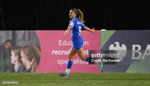 Durham player Amy Andrews celebrates after scoring the first Durham goal during the FA Women's Continental Tyres League Cup match between Durham and...