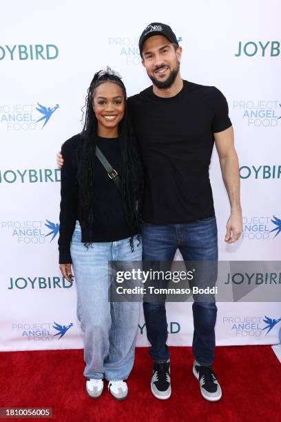 Rachel Lindsay and Bryan Abasolo attend Thanksgiving at Project Angel Food on November 23, 2023 in Los Angeles, California.