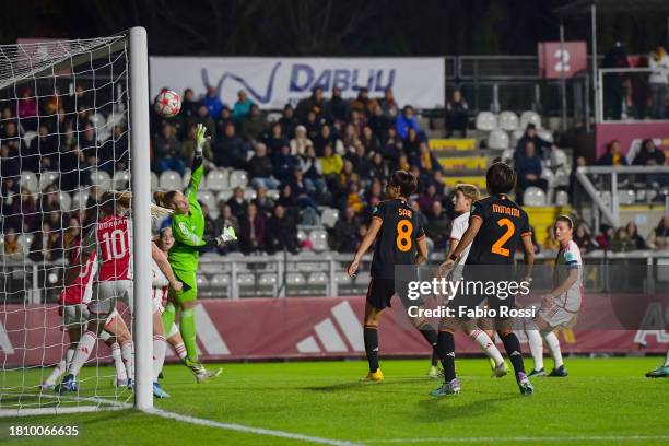 Valentina Giacinti of AS Roma scores the first goal for her team during the UEFA Women's Champions League group stage match between AS Roma and AFC...