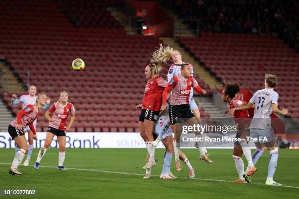 Amanda Ilestedt of Arsenal scores the team's second goal during the FA Women's Continental Tyres League Cup match between Southampton and Arsenal at...