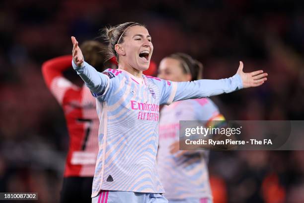 Steph Catley of Arsenal celebrates after her side's second goal scored by Amanda Ilestedt of Arsenal during the FA Women's Continental Tyres League...