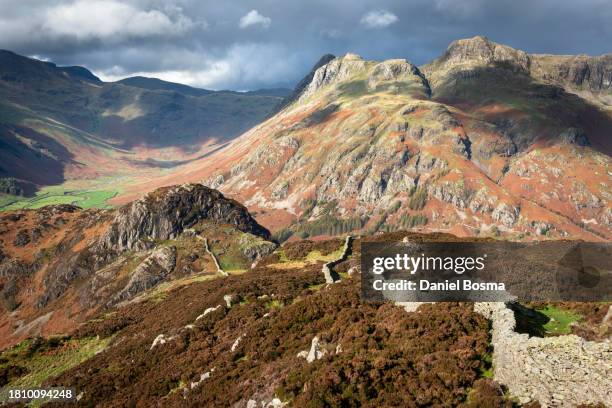 langdale valley and langdale pikes seen from lingmore fell - lingmoor fell stock pictures, royalty-free photos & images