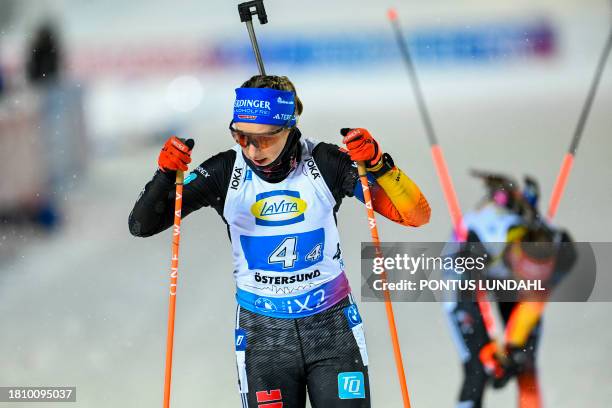 Germany's Franziska Preuss competes during the women's 4x6 km relay event of the IBU Biathlon World Cup at the ski stadium in Oestersund, Sweden on...