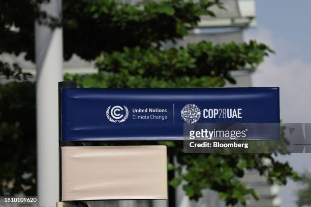 An event sign in the Blue Zone ahead of the COP28 climate conference at Expo City in Dubai, United Arab Emirates, on Wednesday, Nov. 29, 2023. More...