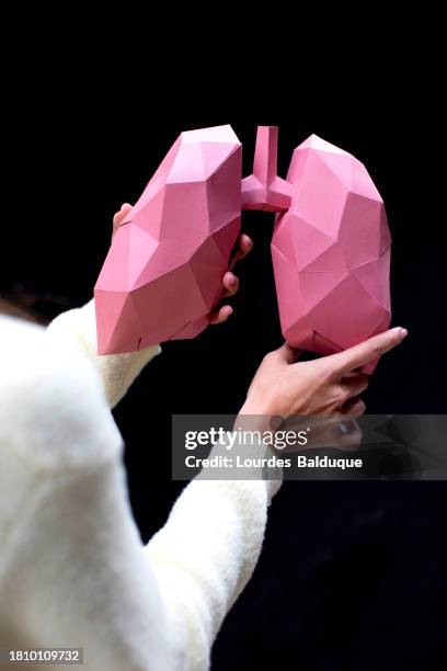 woman holds origami lungs with her hands, origami, paper crafts - bronchien stock-fotos und bilder