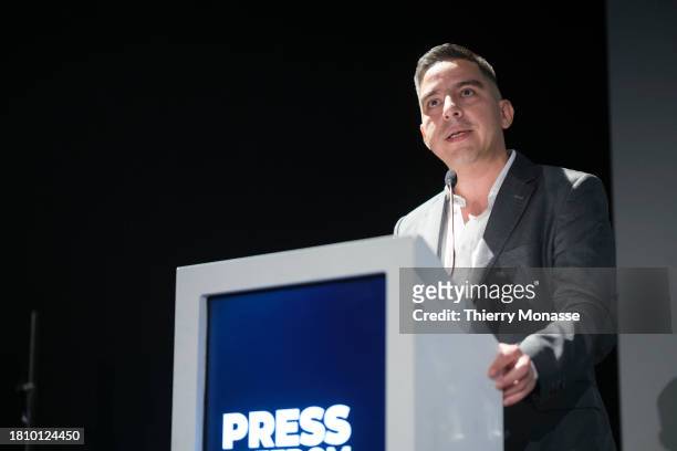 Author of the book Dejad que los Niños Vengan a Mí , Juan Pablo Barrientosi delivers a speech during the Reporters Sans Frontieres Press freedom...