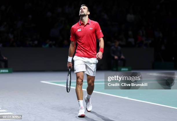 Novak Djokovic of Serbia celebrates a point during the Quarter-Final match against Cameron Norrie of Great Britain in the Davis Cup Final at Palacio...