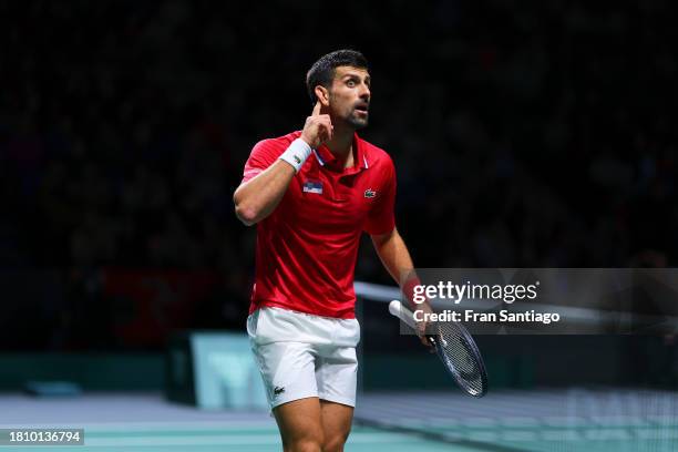 Novak Djokovic of Team Serbia reacts during the Quarter Final match between Serbia and Great Britain at Palacio de Deportes Jose Maria Martin Carpena...