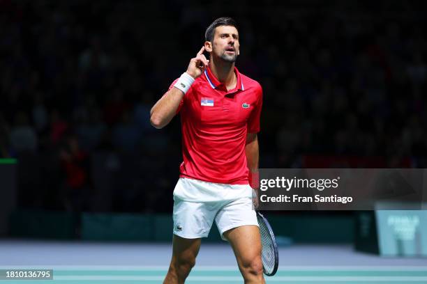 Novak Djokovic of Team Serbia reacts during the Quarter Final match between Serbia and Great Britain at Palacio de Deportes Jose Maria Martin Carpena...