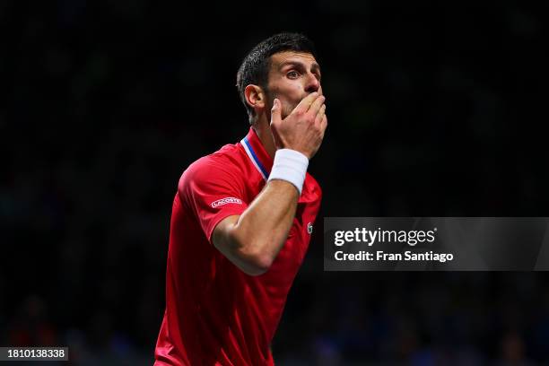 Novak Djokovic of Team Serbia reacts during the Quarter Final match between Serbia and Great Britain at Palacio de Deportes Jose Maria Martin Carpena...