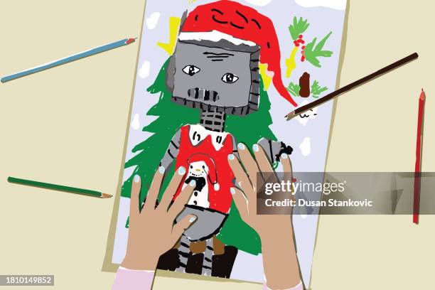 coloring a robot - kid experiment stock illustrations