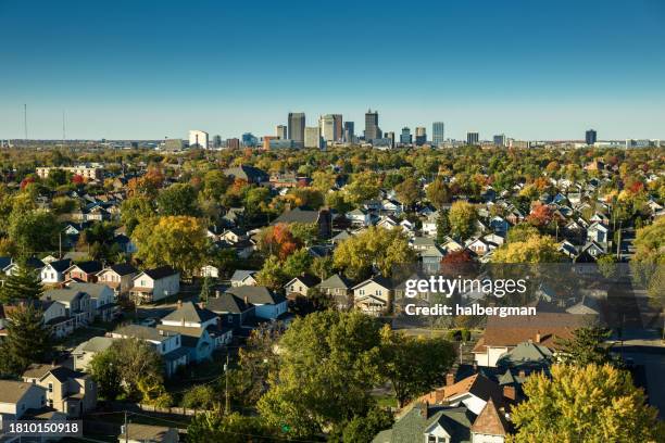 drone shot of downtown columbus skyline on clear, fall day - columbus ohio bildbanksfoton och bilder