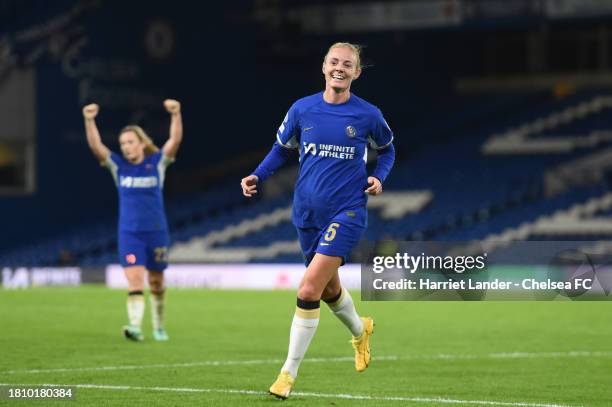 Sophie Ingle of Chelsea celebrates after scoring her team's fourth goal during the UEFA Women's Champions League group stage match between Chelsea FC...