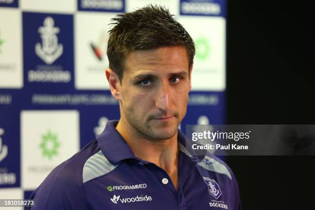 Matthew Pavlich speaks during a Fremantle Dockers AFL media session at Fremantle Oval on September 19, 2013 in Fremantle, Australia.