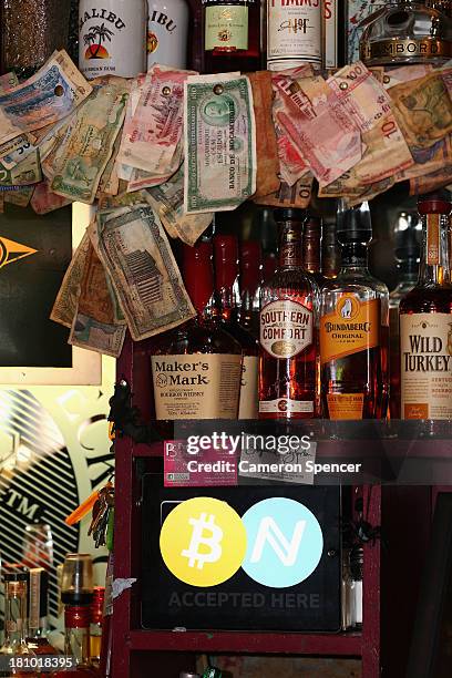 In this photo illustration, a sign saying bitcoins accepted is seen displayed behind the bar at the Old Fitzroy pub on September 19, 2013 in Sydney,...