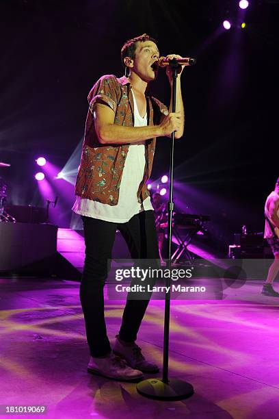 Nate Ruess of Fun performs At Mizner Park Amphitheater at on September 18, 2013 in Boca Raton, Florida.